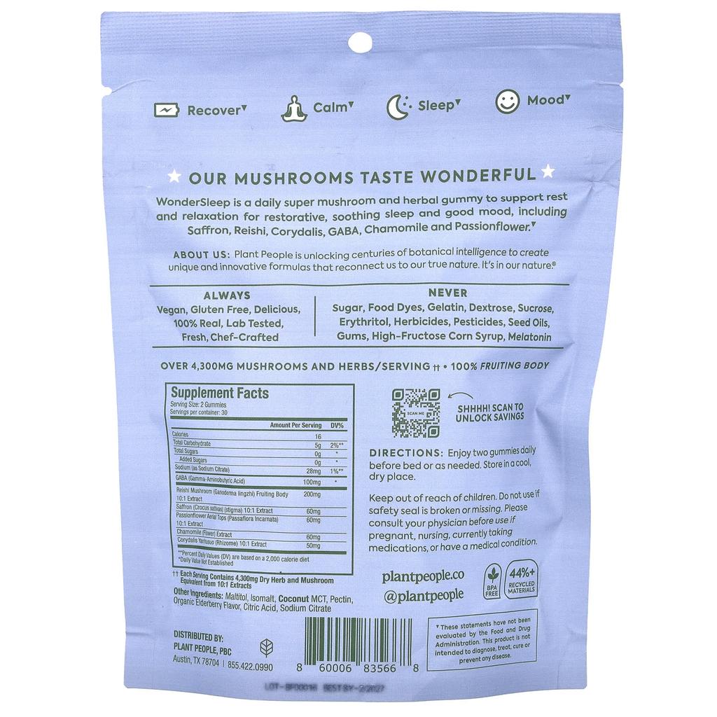 Wondersleep®, Mushroom Gummies, Wild Elderberry, 60 Gummies, 148G (5.2Oz)