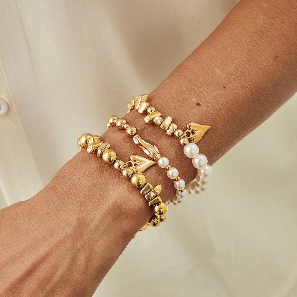 Sweet And Cool Wind Love Heart Pendant Bracelet, Irregular Design Ccb Beaded Elastic Bracelet.