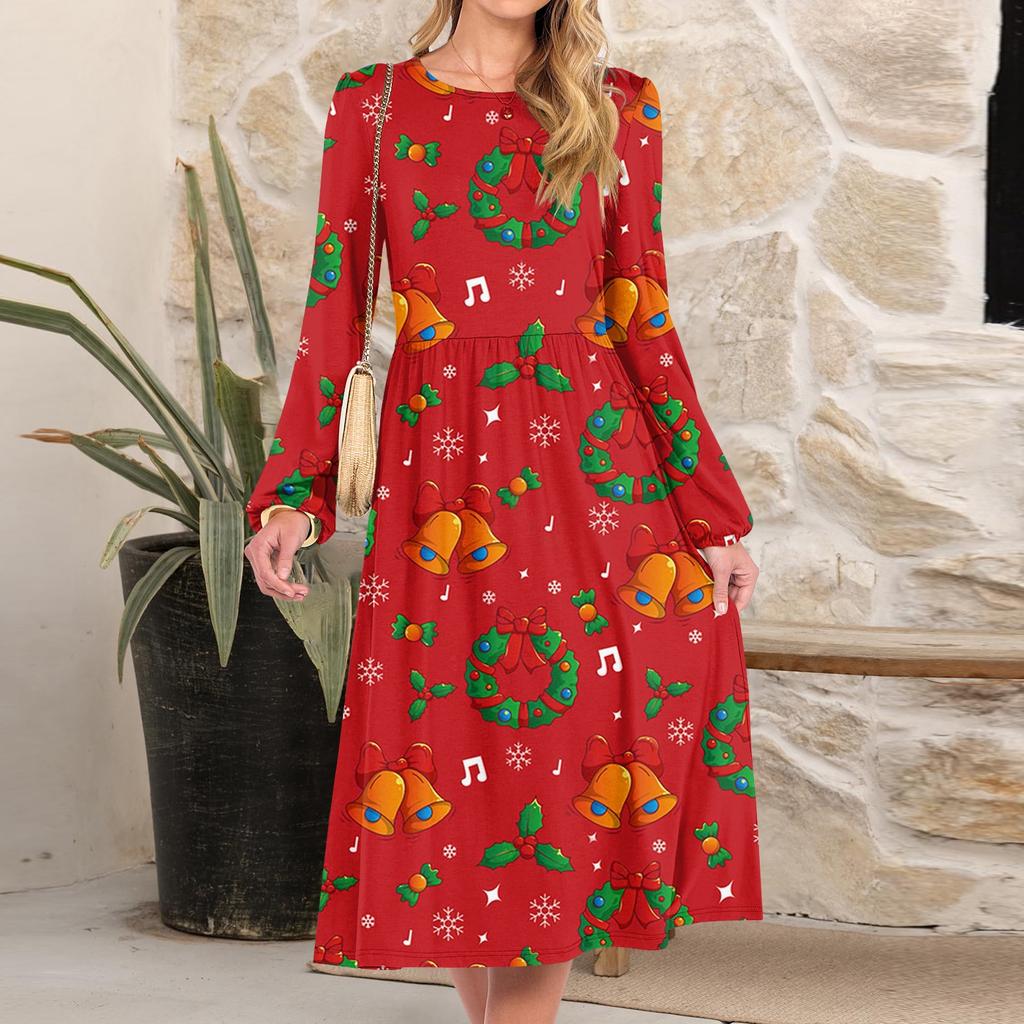 Women's Christmas Printed Fashionable Loose Round-neck Dress