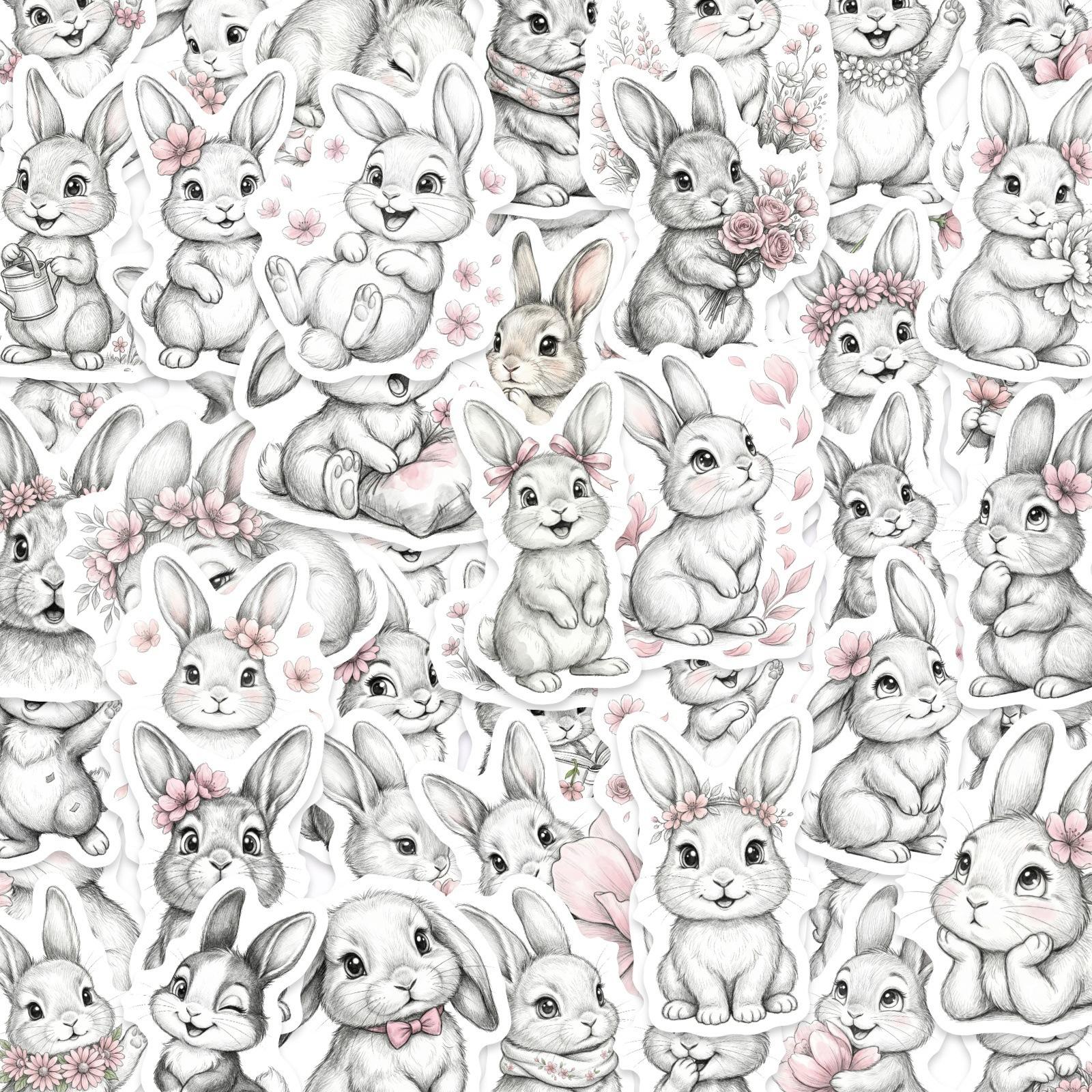 

50 Sketches Simple Cute Rabbit Stickers Water Cup Luggage Waterproof Decorative Easter Stickers