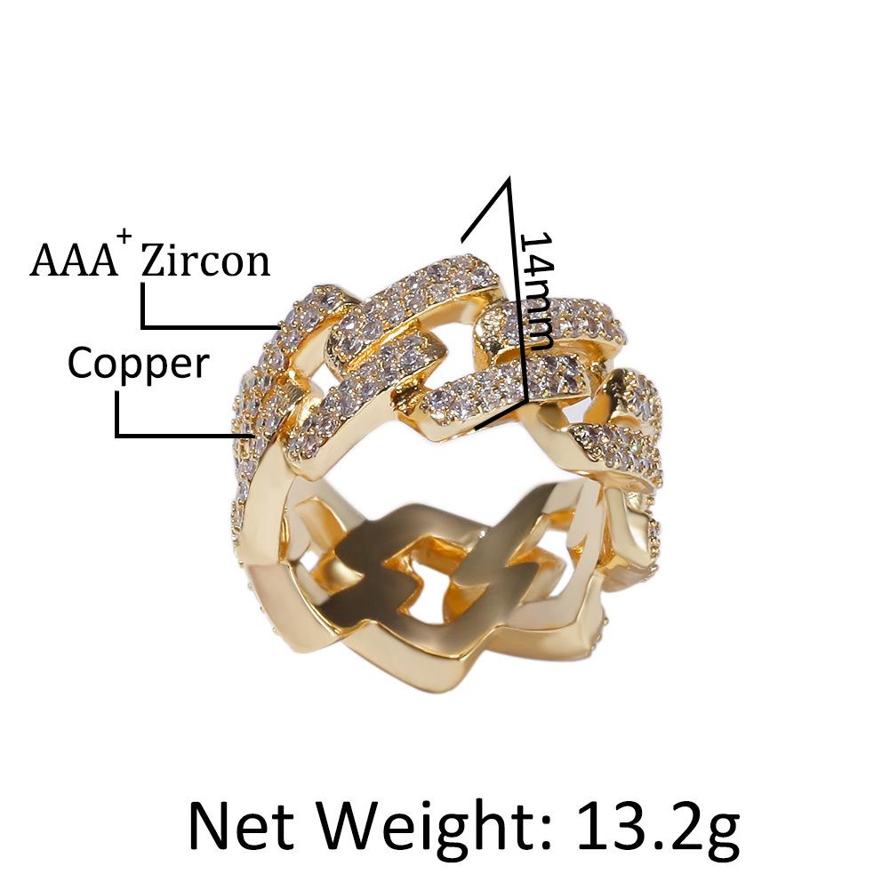 Mikro-Zirkon Herren Heißer Verkauf 2 Reihen Diamanten Galvanisiert Echtes Gold Hip-Hop Kubanischer Ring