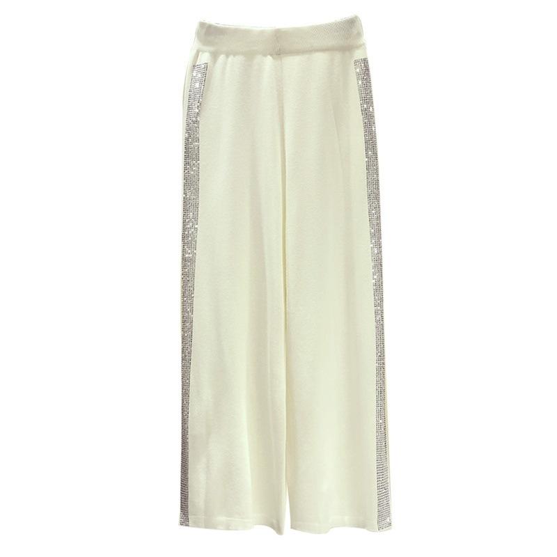 Women's High-Waisted Flowy Wide-Leg Pants with Hot Drilling Details - Fashionable and Casual Long Trousers.