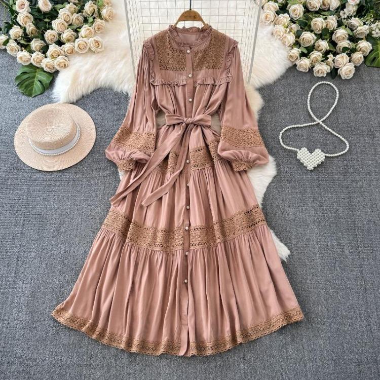 Korean Fashion Elegant Retro Lace Puff Sleeve Long Dress Solid Color Single Breasted Ruffles Bow Autumn Women Dress