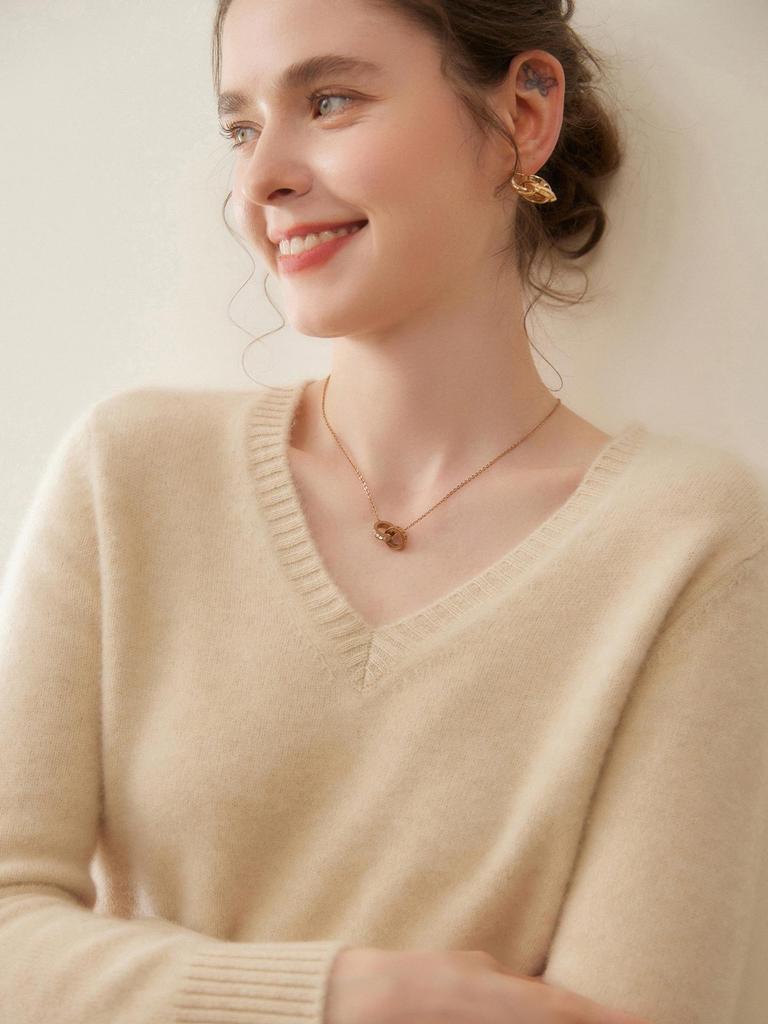 7-Gauge V-Neck Ribbed Women's Cashmere Sweater for Autumn/Winter 2025 – Fashionable and Versatile Knitwear