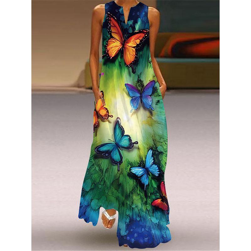 Butterfly Pattern 3D Printed V-neck Sleeveless Dress Stage Show Women's Clothing Travel Photo Vacation Style Beach Dress