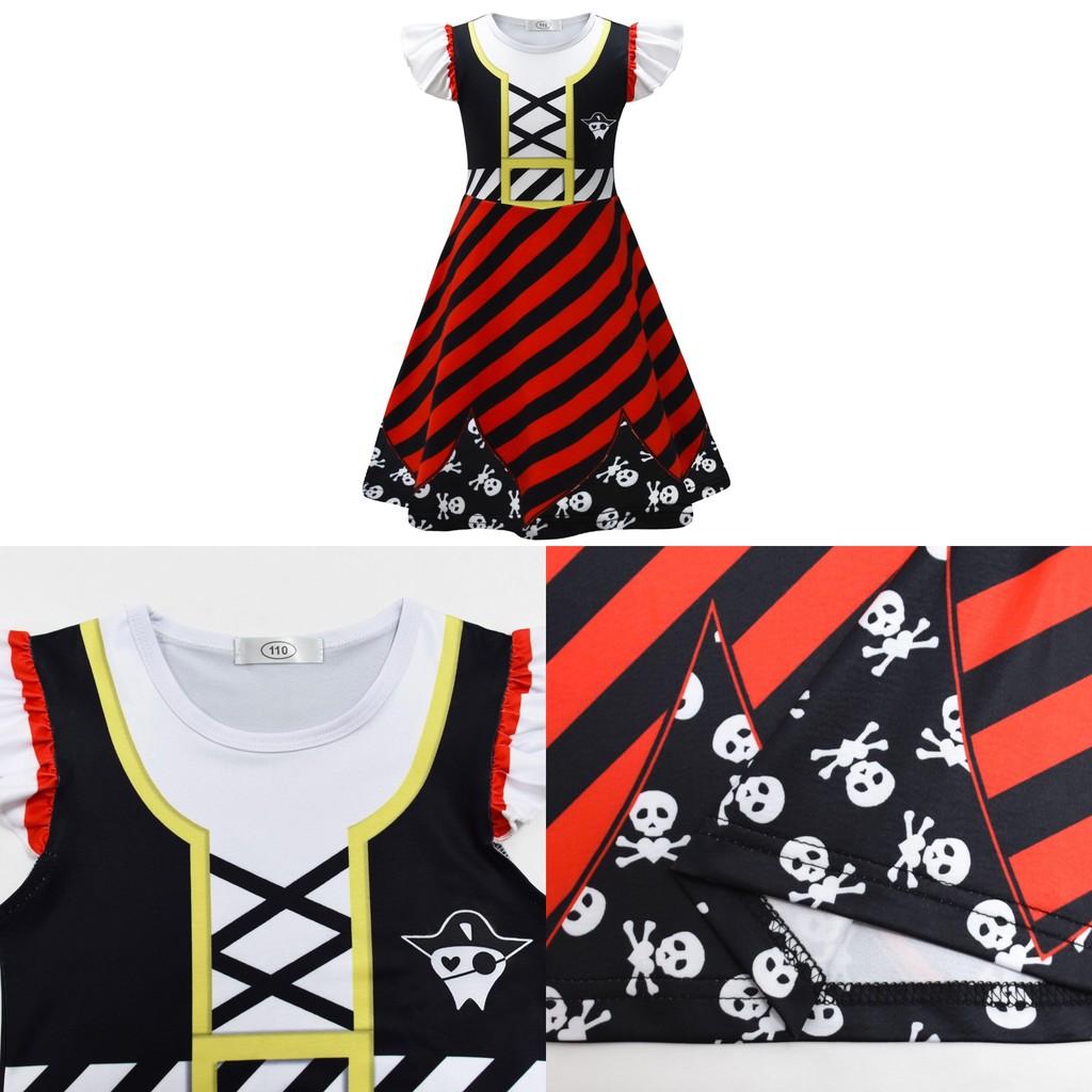 Skull Print Halloween Girls Dress With Ruffle Hem And Printed Fabric For Kids Age 3 To 8