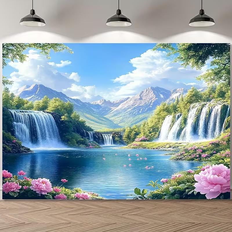 2D Printed Waterfall Lake Scenery Backdrop, Mountain View with Pink Flowers Photo Background for Home Decor