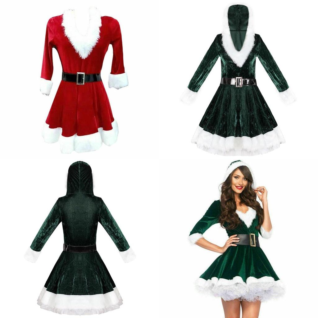 Festive Women's Girls Santa Claus Christmas Costume With Soft Velvet And Faux Fur Trim