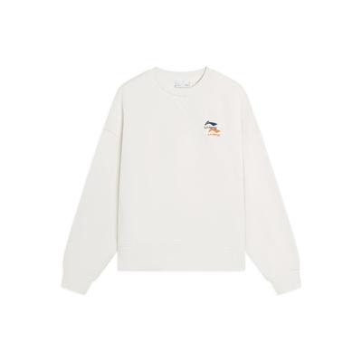 Li Ning Sportinio Gyvenimo Būdo Serija SS22 Vienspalvis Siuvinėtas Logotipas Apvalus Kaklas Ilgomis Rankovėmis Džemperis Moteriškas džemperis Baltas AWDSF70-1