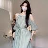 French cold feeling small daisy off-the-shoulder suspender dress women's summer new temperament socialite style loose medium and long dress