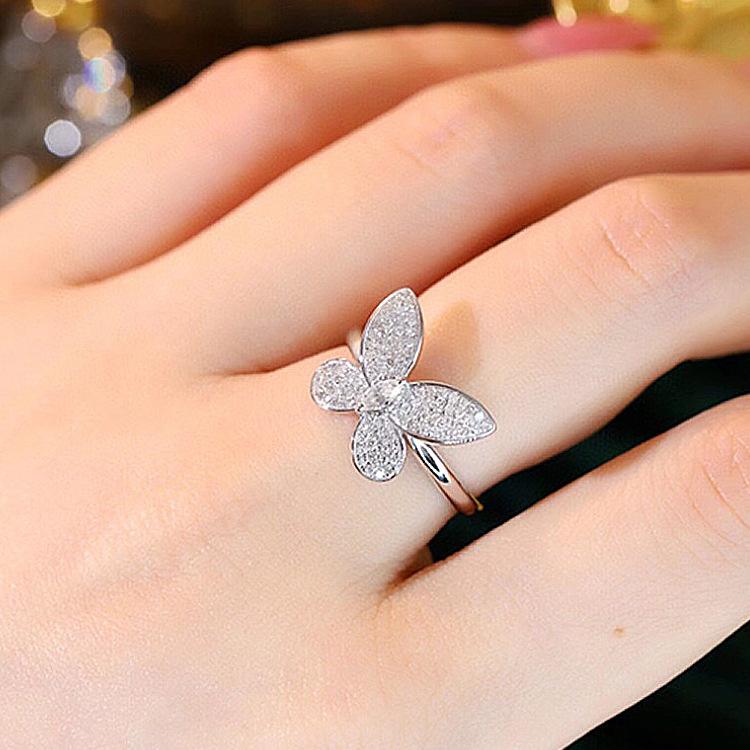 Womens Ring with Leaf Petals Korean Style Luxurious Fully Inlaid Zircon Butterfly Ring