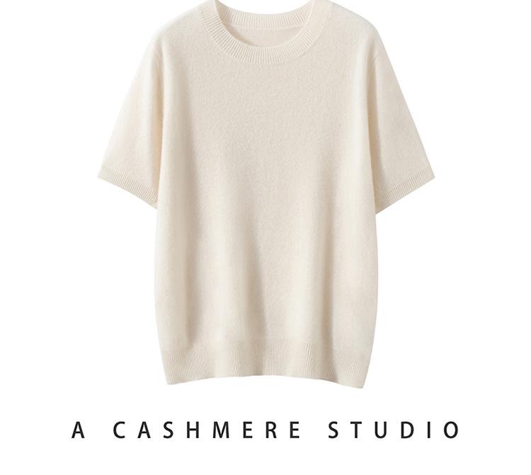 Twelve-Needle Women's Solid Cashmere Knit Pullover: Flat Round Neck, Short-Sleeved, Versatile Design