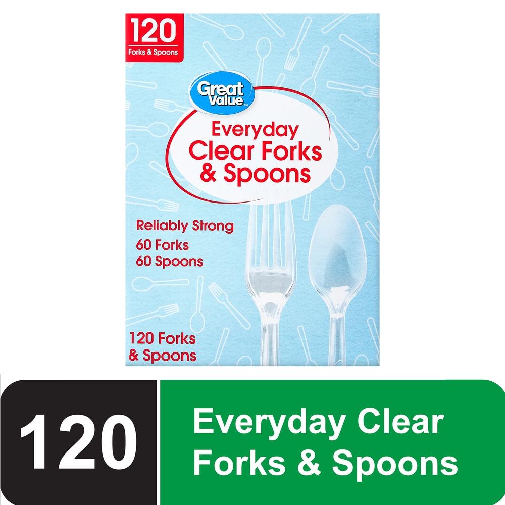 

Plastic Fork and Spoon Set 120 Count Heavy Duty Clear Utensils Disposable Parties Gatherings Events Picnics Barbecues School United States