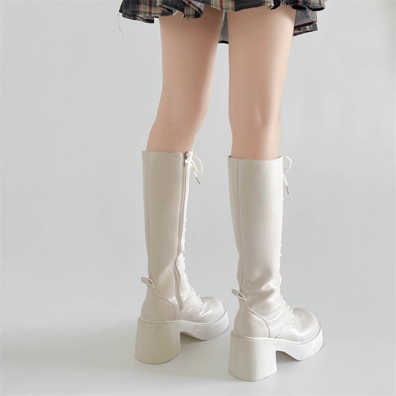 Beige British style thick heel lace-up platform boots women's 2025 new spring and autumn season height-increasing and thin knight boots