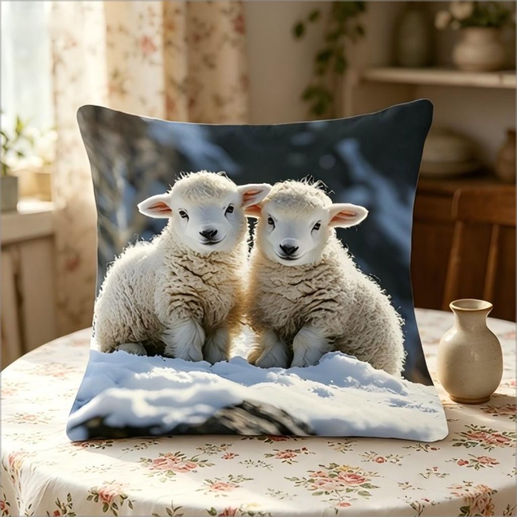 Cute Baby Sheep Print Throw Pillow Cover, Adorable Winter Lamb Farm Animal Decorative Cushion