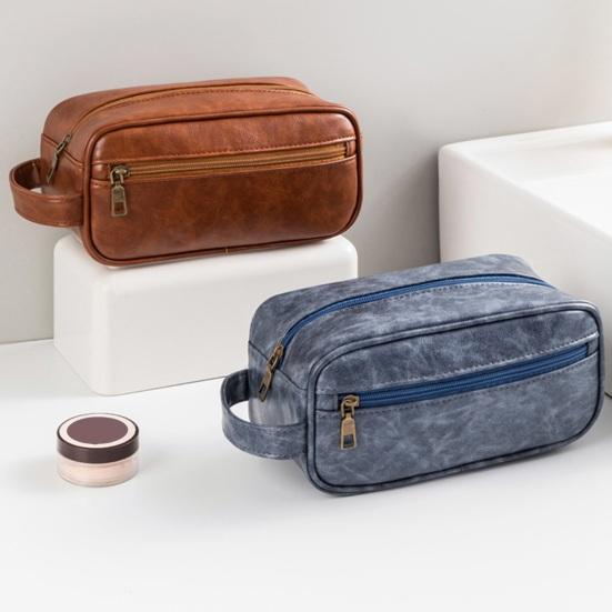 Vintage Makeup Bag Faux Leather Men Ladies Travel Toiletry Pouch Waterproof Cosmetics Organizer Bag for Vacation Business Trips