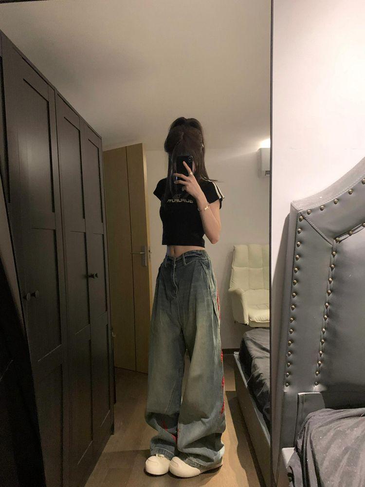 Unisex American Retro Striped Patchwork Jeans - Loose, Distressed, Wide-Leg Trendy Casual Pants