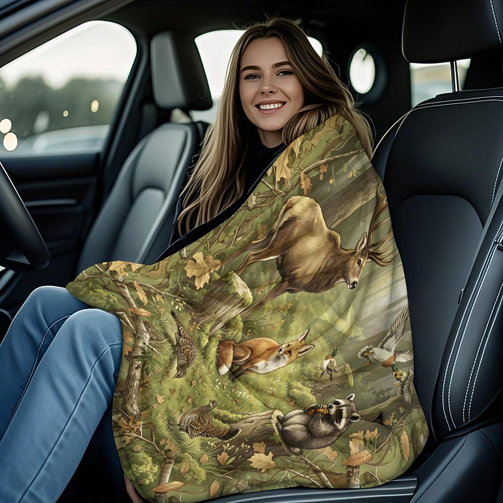 Green Forest Wildlife Blanket Elk Red Fox Raccoon Duck Woodland Flannel Throw Blanket Outdoor Nature Decor Perfect Gift Blanket