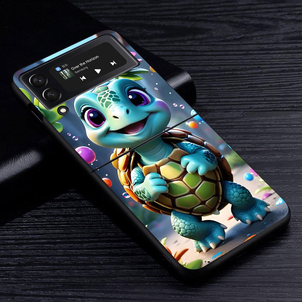 Cute Little Turtle Luxury Case for Samsung Galaxy Z Flip4 Flip3 5G PC Hard Cell Phone Shell Z Flip 4 3 Black Zflip4 Zflip3 Cover