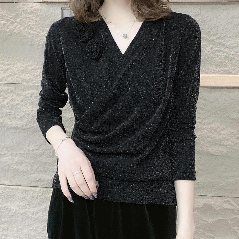 Autumn Fashionable and Versatile Temperament Age-reducing Bottoming Shirt for Women Bright Silk Long-sleeved Top