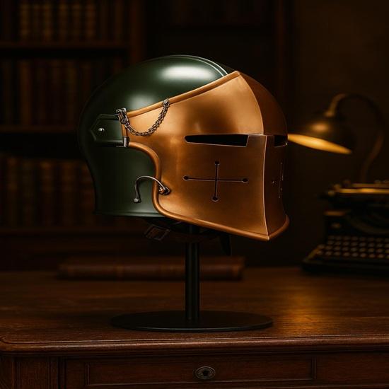 

Dual Tone Barbuda Helmet with Stand Green Copper 18 Gauge Steel Knight Armor Decorative Gift