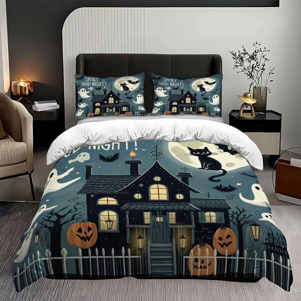 3-teiliges Halloween-Themenmuster mit Geist und Schloss, 1 Bettbezug+2 Kissenbezüge, ohne Füllung, weiches und bequemes Bettbezug-Set
