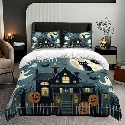 Conjunto de 3 peças com tema de Halloween, padrão de fantasma e castelo, 1 capa de edredom + 2 fronhas, sem enchimento, capa de edredom macia e confortável