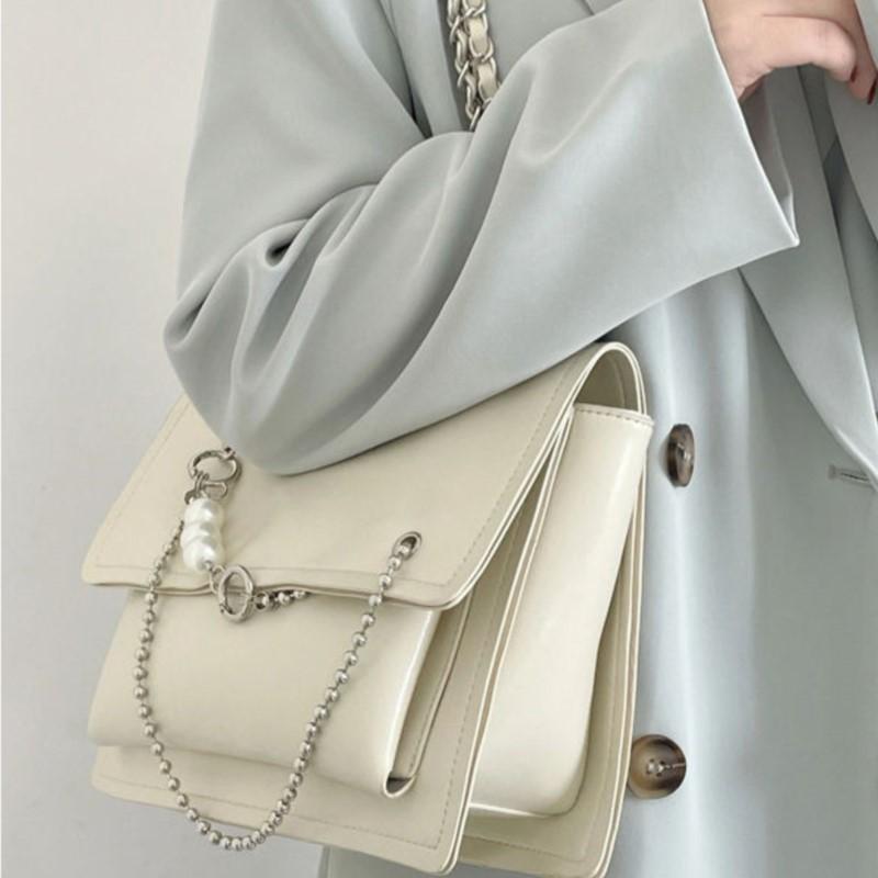 JIAERDI Solid Color Beaded Chain Handbag Women Leather Large Capacity Shoulder Bag Ladies Fashion Versatile Commute Tote Bag New
