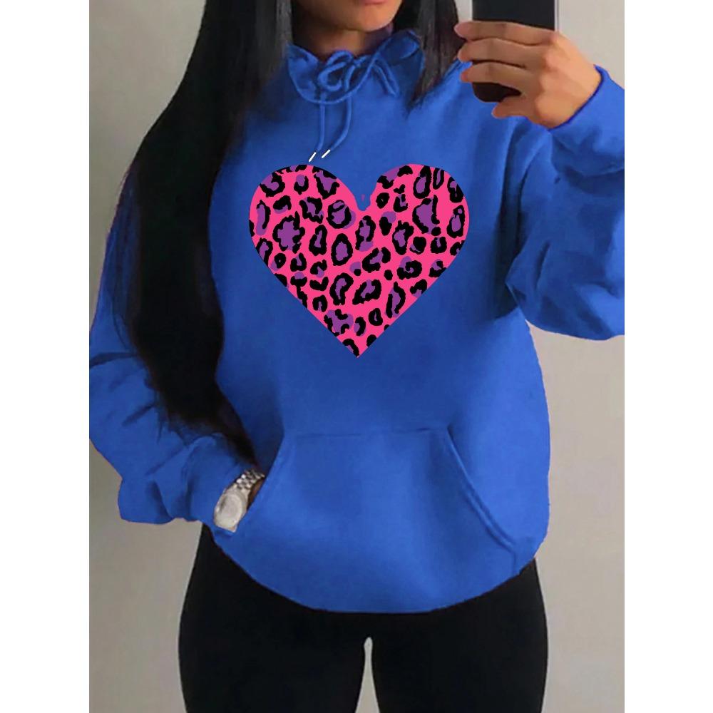 Pink Leopard Print Heart Printing Hoody Women Fashion Oversized Hoodie Pullover Autumn Fleece Clothes