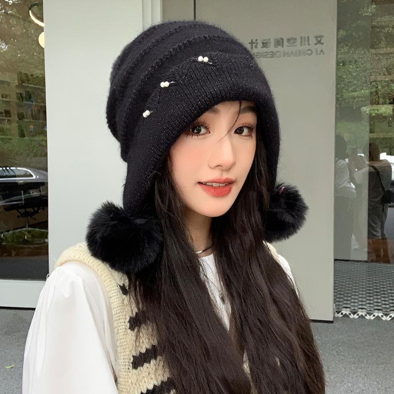 Autumn and Winter Rabbit Hair Hat for Women Pearl Lace Wool Ball Knitted Wool Hat for Winter Warmth and Cold Protection Ear Protection Hat Trend