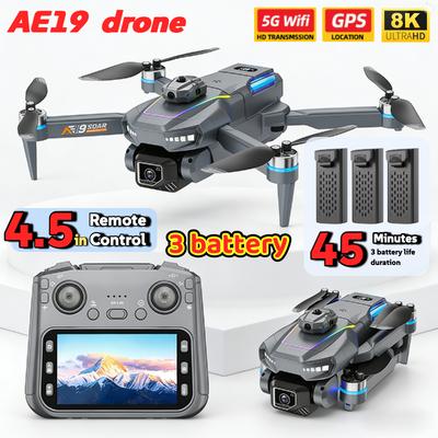 Drone GPS AE19 Double Caméra 8K/4K Écran LCD 4,3" Évitement d'Obstacles à 360° 3 Options de Batterie Quadricoptère RC Professionnel pour Cadeaux et Voyages