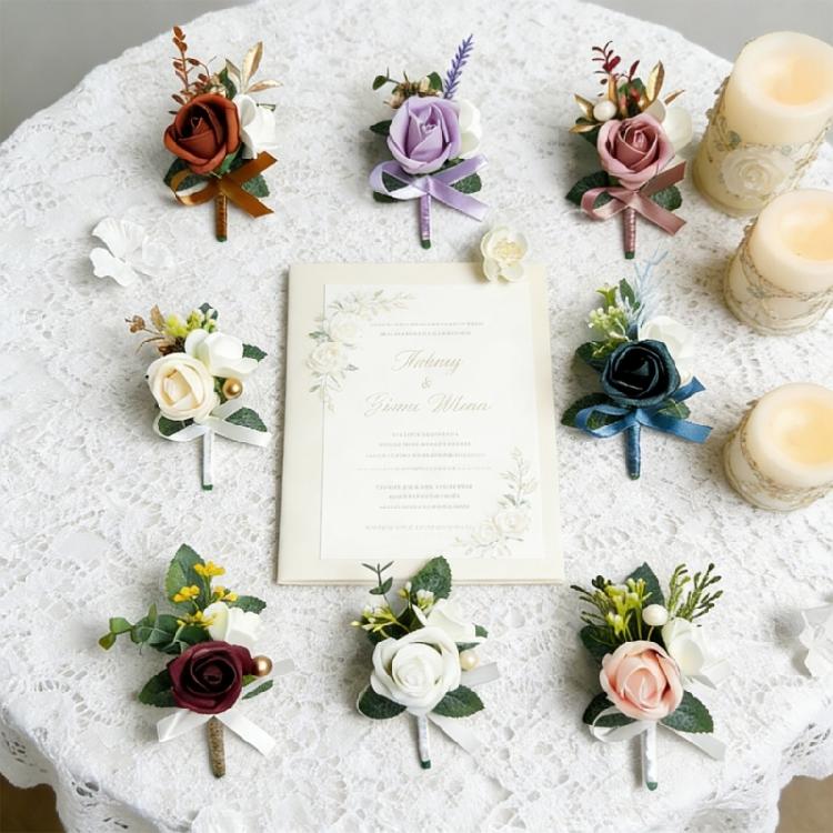 6Pcs Multipurpose Wedding Boutonniere Artificial Flower Wrist Corsage for Wedding Anniversary Party Table Centerpieces