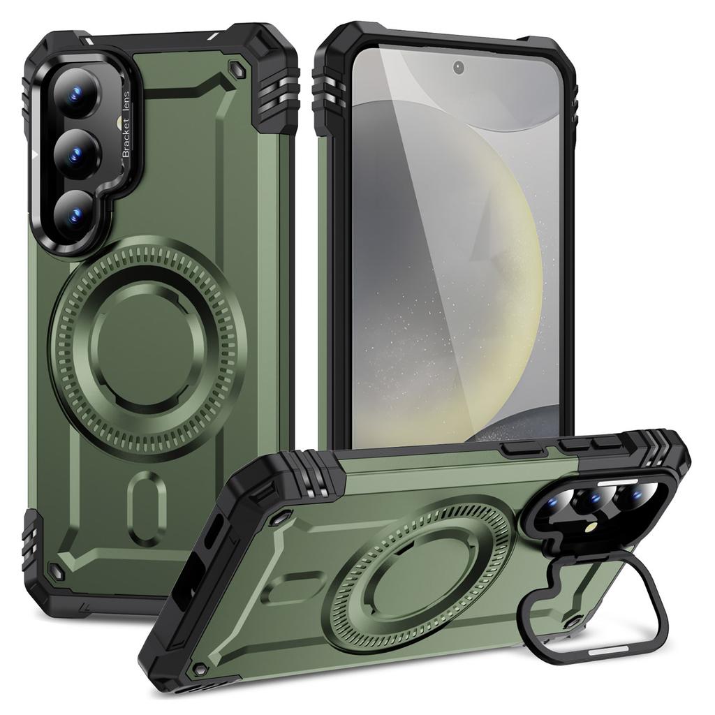 For Samsung Galaxy S25 Magnetic Case Lens Kickstand PC + TPU Shockproof Phone Cover
