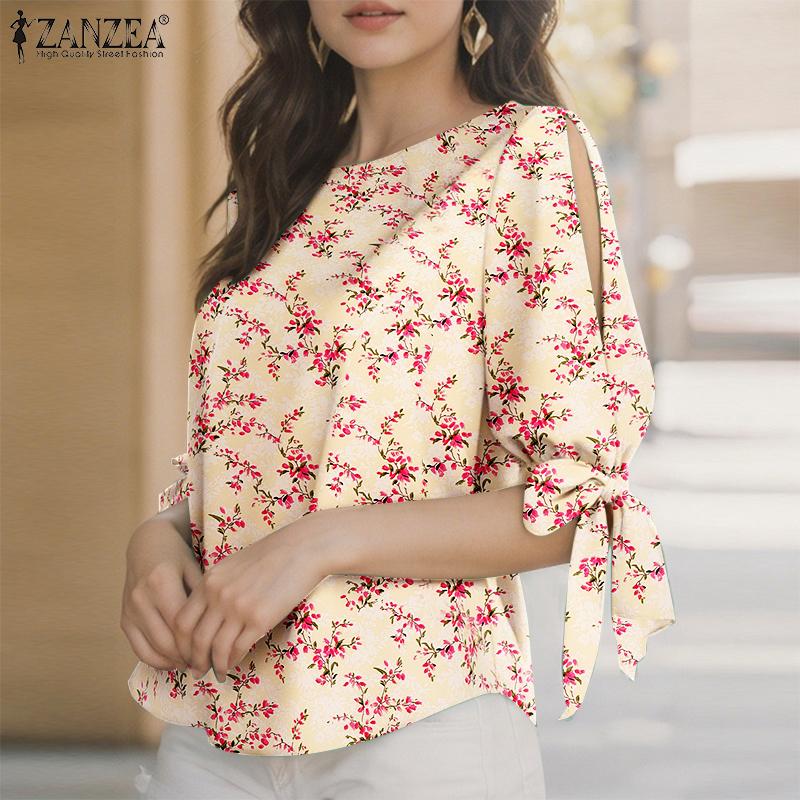 

ZANZEA Women Casual Round Neck Lace Up Half Sleeve Floral Print Blouse S чорний