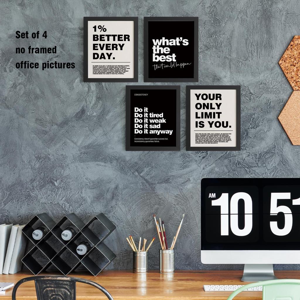 DSHFG Motivational pirational Office Wall Art Decor Prints Set of 4, Black Motivational Wall Decor Trendy Retro Posters for Office Home Decor, 8x10