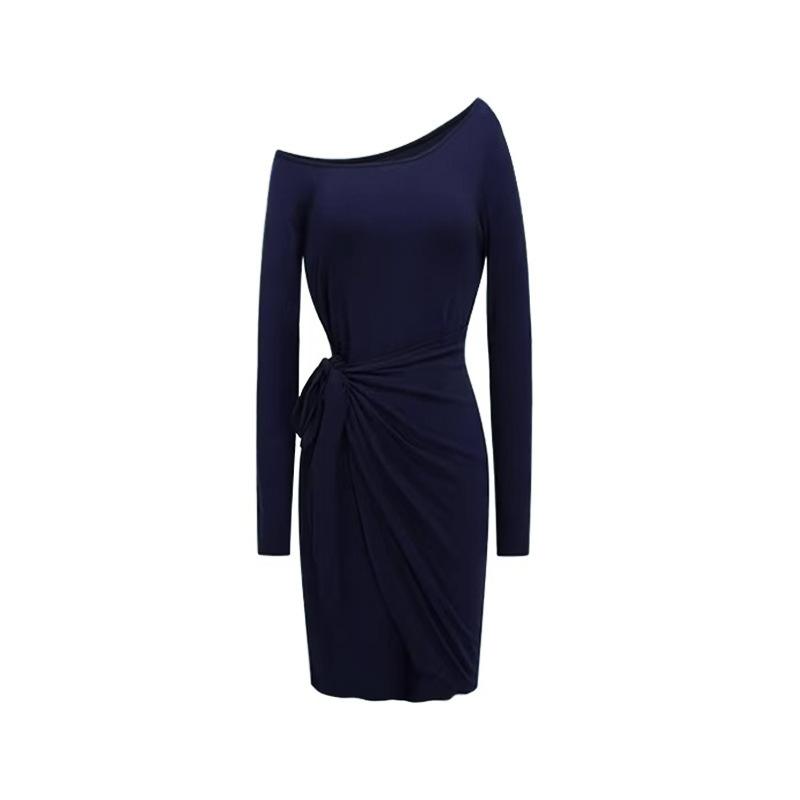 Pure desire sexy small slanted shoulder long-sleeved dress women's clothing early autumn new design sense unique and beautiful short skirt