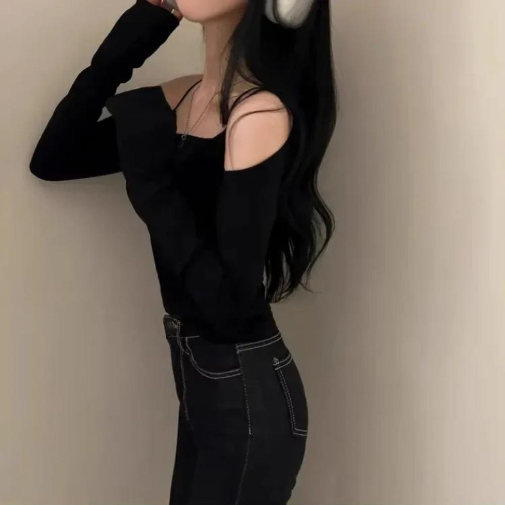 Korea New Style Pure Desire Sexy Off-The-Shoulder Two-Piece Illusionslims Women's Long Sleeve T-Shirt Versatile Smoot