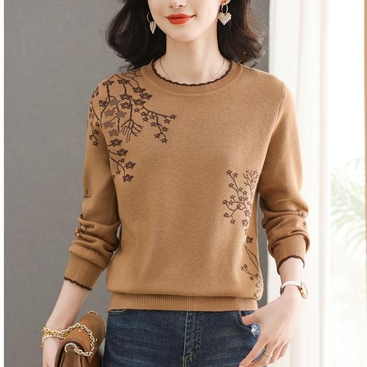 Winter Women's Wool Sweater  Crew neck Printed Wool Sweater Soft Warm Knit Pullover