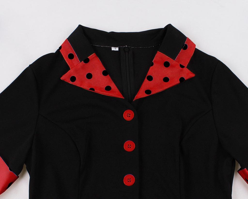 Retro Colorblock Polka Dot Short Sleeve Dress with Turn-Down Collar - Elegant Spring/Summer Style