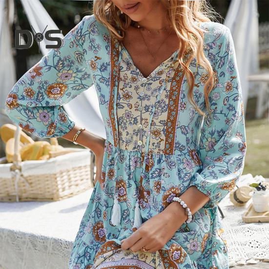 Damen-Boho-Kleid mit Blumenmuster, lässig, langärmelig, fließend, kurzes Kleid, lockerer V-Ausschnitt, Knopfleiste, A-Linien-Kleid, Mini-Strand-Sommerkleid