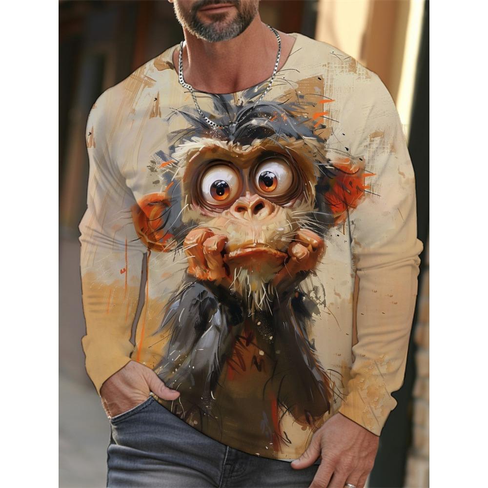 Funny 3D Animal Print Mens T Shirt Hip Hop Trend Harajuku Street Clothes Autumn Loose Top Fashion Cotton Long Sleeve Men T-shirt