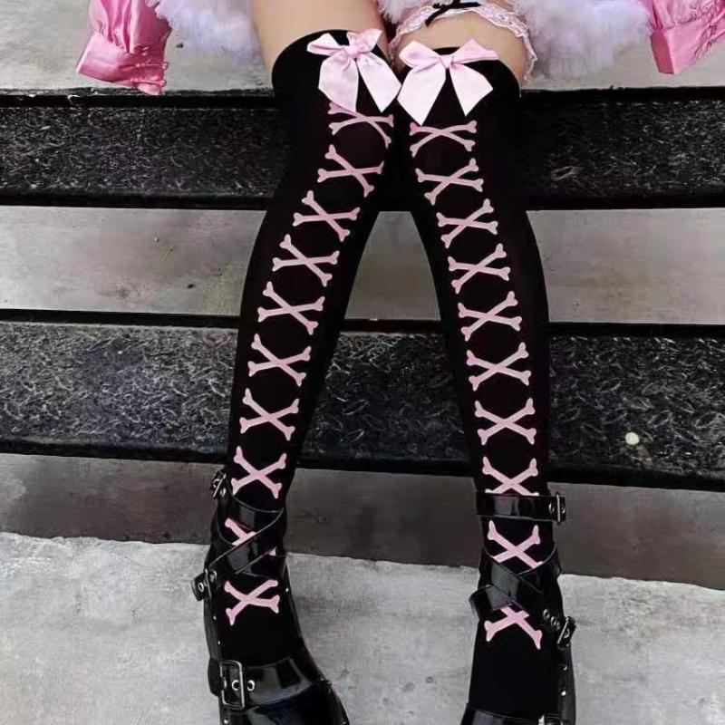 Women's Sexy Stockings Bow Lace Fishnet Thigh High Stockings Nylon Over The Knee Socks Sexy Stockings for Women Black Pink