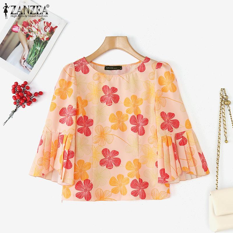 ZANZEA Women Casual Round Neck 3/4 Sleeve Floral Print Blouse
