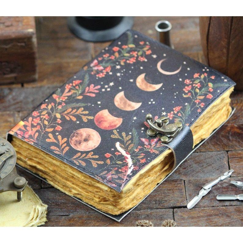 Moon Phase Leather Grimoire: Vintage Spell Book with Deckle Edge Paper Blank spell book of shadows Gifts For women vintage journal
