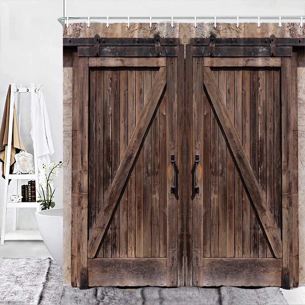 Wood Door Cow Shower Curtain Farm Animal Barn Door Wooden Wheel Pumpkin Sunflower Retro Bath Curtain Bathroom Accessories Set