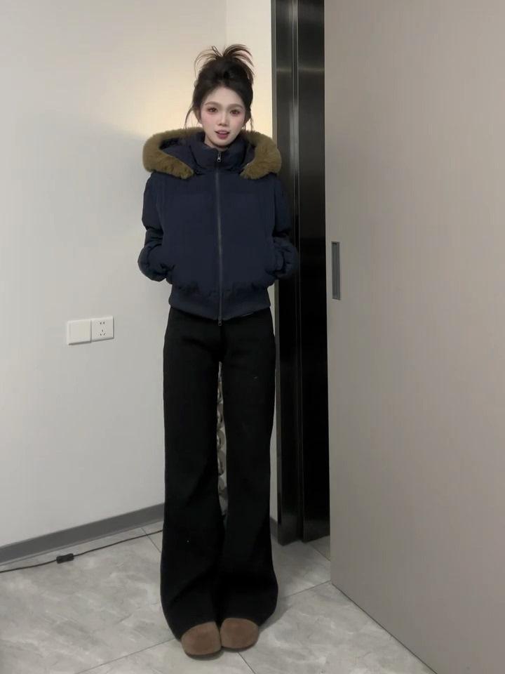 Women's Winter Retro Navy Blue Hooded Cotton-Padded Jacket - Thick & Warm Design