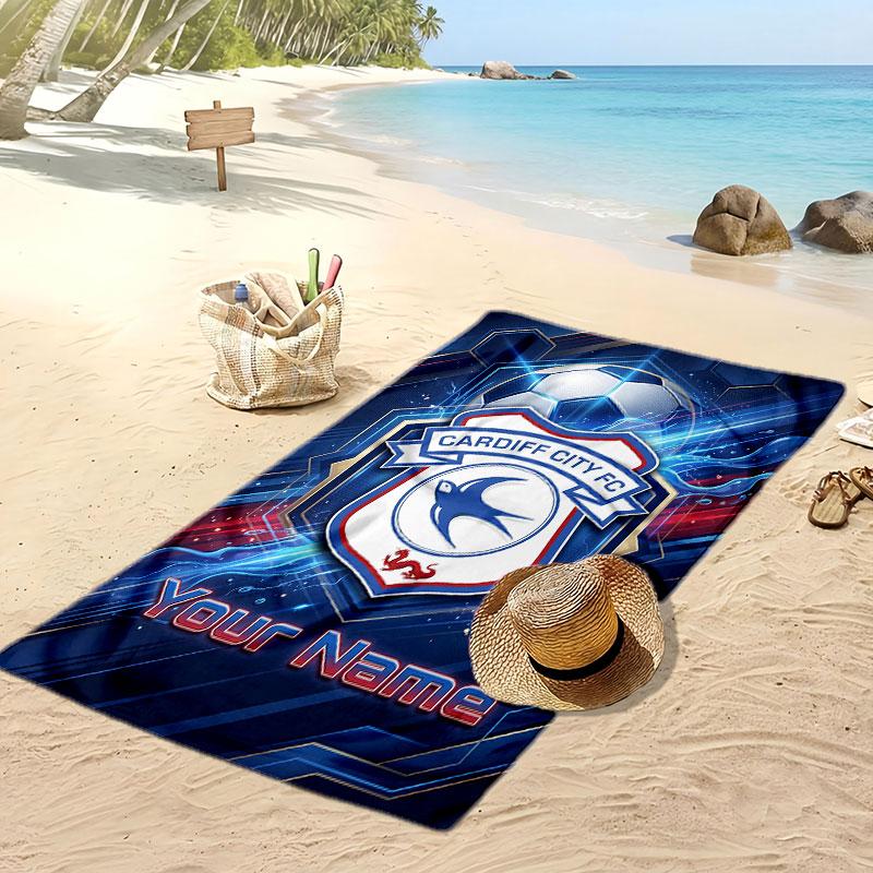 Cardiff City Personalized Printed Beach Towel Soccer Logo Support Custom Name Text Absorbent Towel For Sport Travel Special Gift