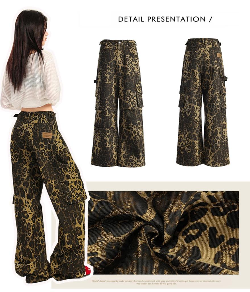 Bestmood Wide Leg Camouflage Long Straight Relaxed Cargo High Leopard Long American Casual Hip Dance L Leopard Women's Pants, Print, Pants, Pants,