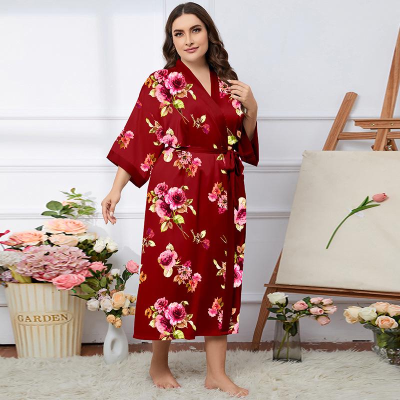 Übergröße Satin Sommer Pyjama & Bademantel Set für Damen - Leichter Luxus Eisseide