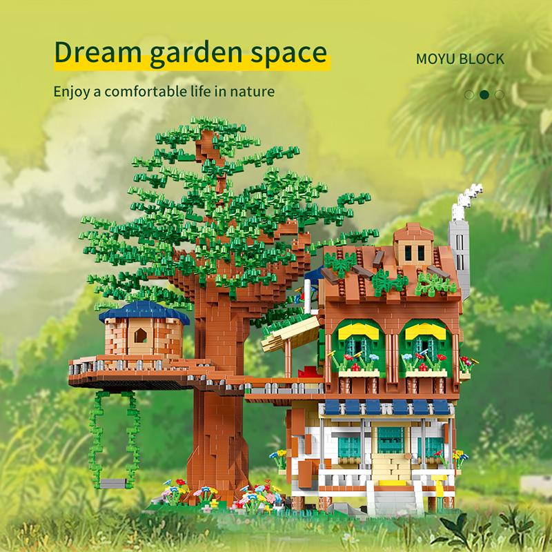 Creative Building Forest Tree House Cabin Water wheel Swing River Mini Blocks Bricks DIY Architecture Toy For Childrens